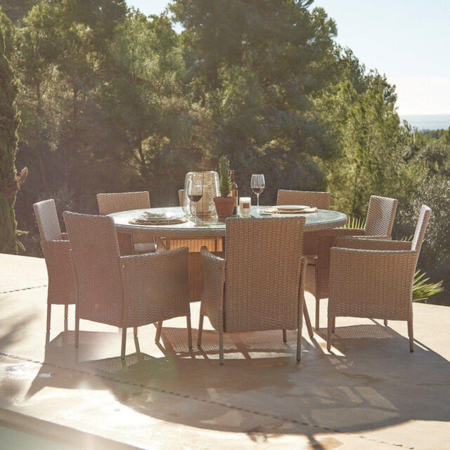 Dubose 8 Seater Rattan Round Garden Dining Set with Parasol