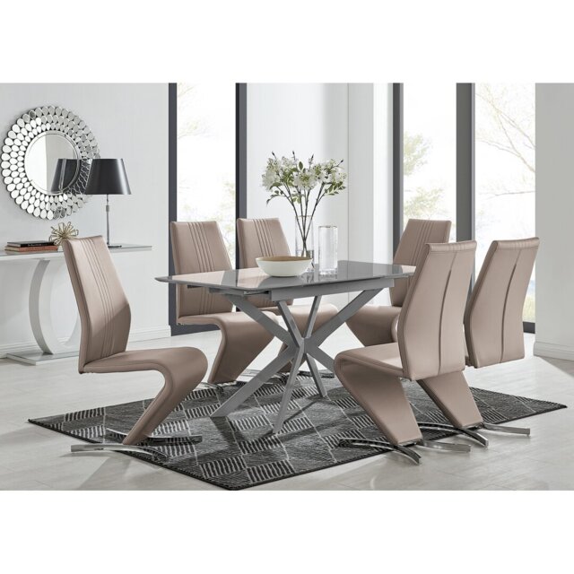 Eubanks Modern High Gloss Extendable Dining Table Set with x6 Luxury Faux Leather Dining Chairs