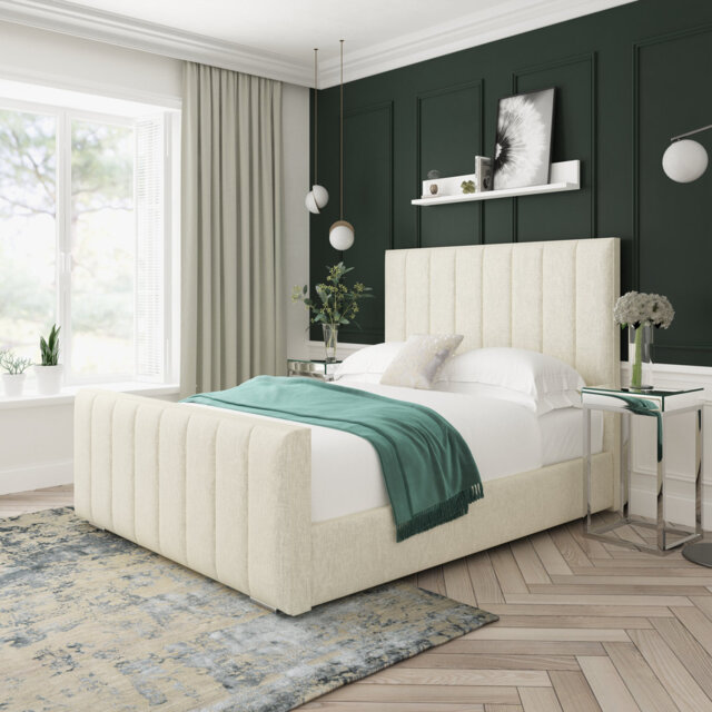 Luxury 8 Panel Chenille Wingback Bed Frame with Diamante Headboard