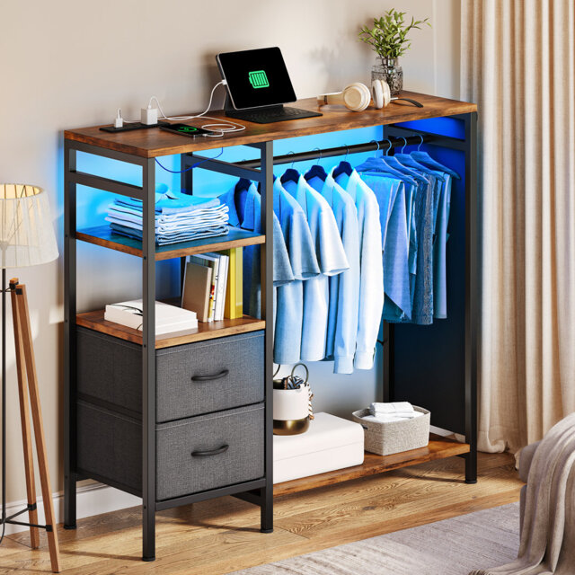 LED Lighted Coat Rack with Hanging Rail and 2-Drawer