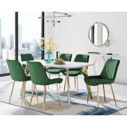 Anders Modern High Gloss Marble Effect Dining Table Set with 6 Luxury Velvet Dining Chairs