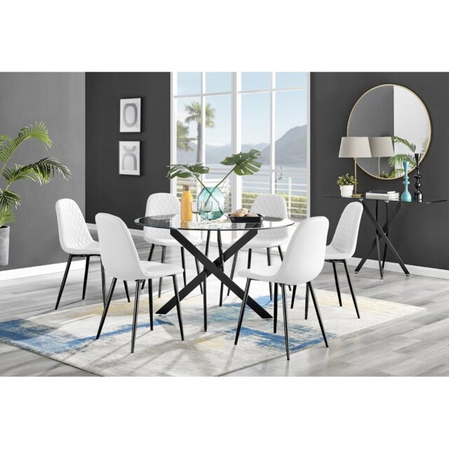 Tierra Modern Chrome Metal & Glass Round Dining Table Set with 6 Luxury Faux Leather Chairs