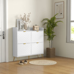 HOMCOM Narrow Shoe Cabinet with 4 Flip Drawers, 4 Vents, 16 Pairs, White