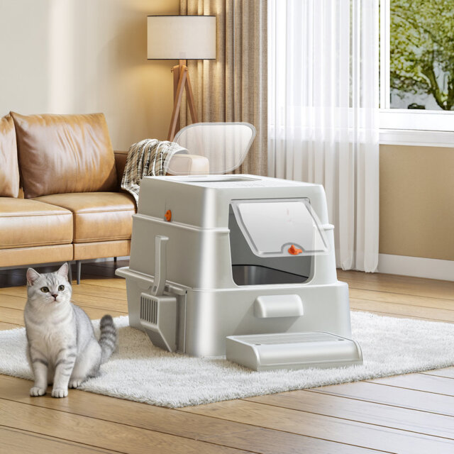 Stainless Steel Cat Litter Tray with Drawer & Lid, XXL Covered Metal Cat Litter Box with Pedal and Scoop, Odor Control, Easy to Clean, Two Entrances,