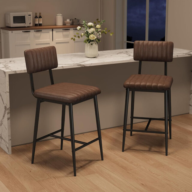 Set of 2 Counter-Height Bar Stools – Black Textured PU Leather, Thick Cushions, Backrests, Footrests, Reinforced Metal Legs – Perfect for Kitchen Isla