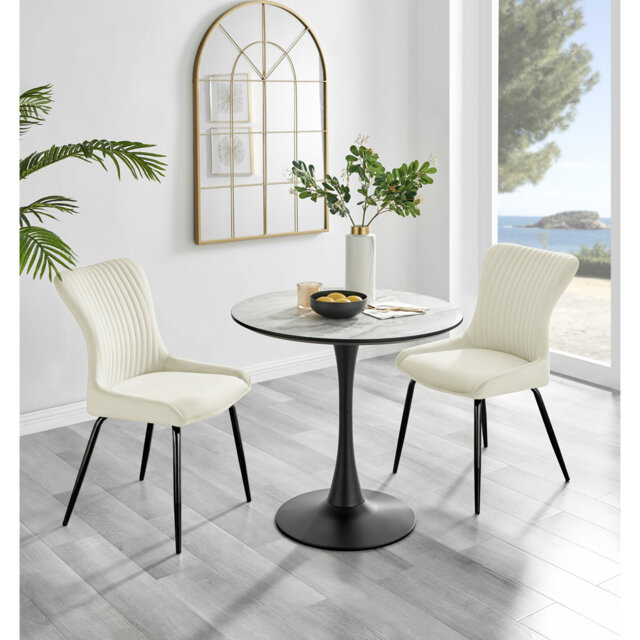 Eubanks White Marble Effect Melamine Round 80cm Dining Table And Chairs - 2 Velvet Dining Chairs