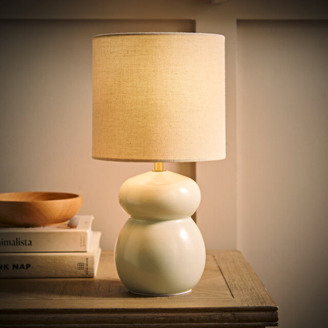 Kendal Natural Linen Drum Shade Glazed Ceramic Table Lamp with LED Bulb