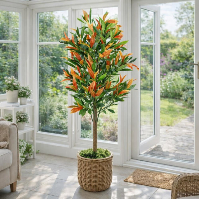 Artificial Ficus Tree Plant Photinia Red Green 130cm Red Robin Faux Plants