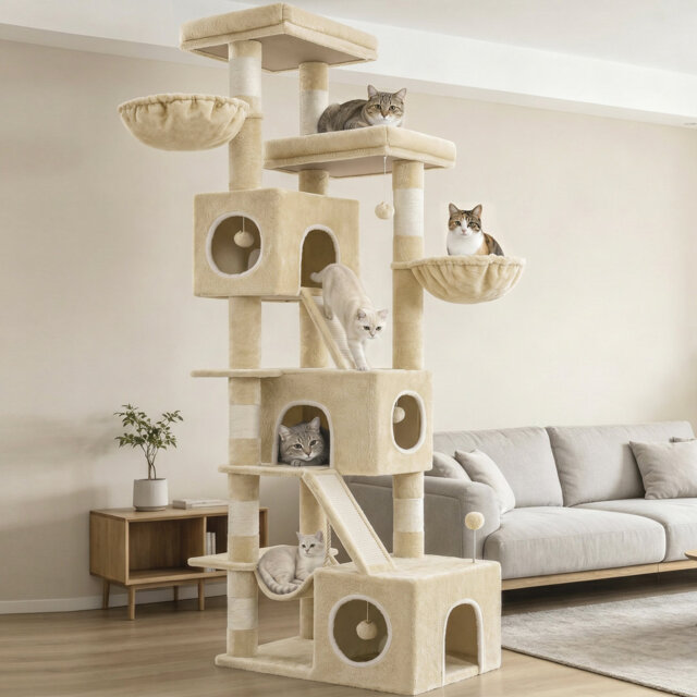 Tall Cat Tree, 211cm Multi-Level Cat Tower Large Cats - Cat Furniture with 7 Scratching Posts, 3 Spacious Condos, 2 Platforms, 2 Scratching Ramp, Bask