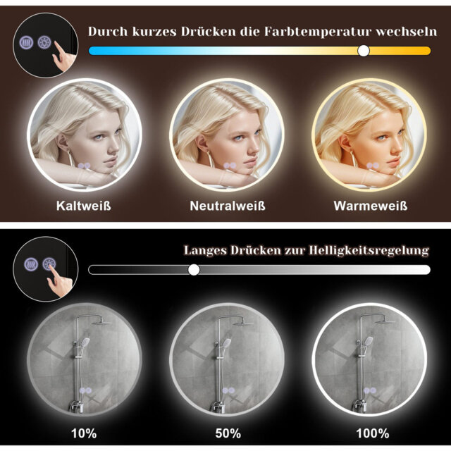 Bathroom mirror round touch with lighting dimmable 3000K-6500K wall mirror