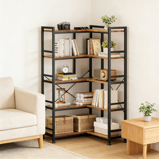 5-Tier L-Shaped Corner Bookshelf, Tall Corner Bookcase Storage Display Cabinet For Living Room, Home Office, Bedroom