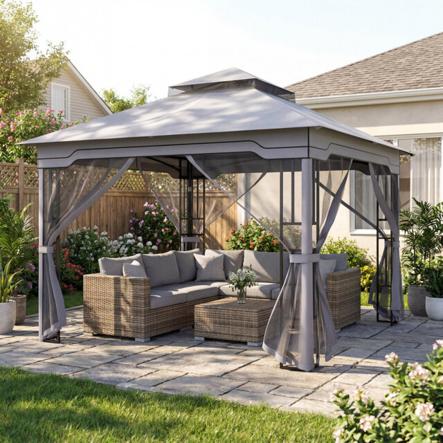 3.3 X 3.3 M Double Roof Soft Top Patio Gazebo With Zippered Mesh Netting