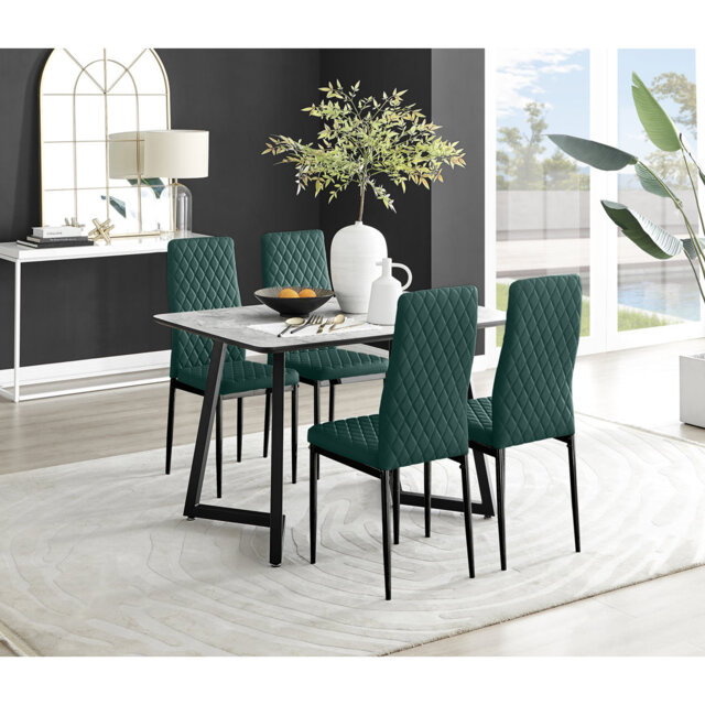 Benia White & Grey Marble Effect Dining Table Set with x4 Luxury Velvet Upholstered Dining Chairs