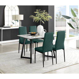Benia White & Grey Marble Effect Dining Table Set with x4 Luxury Velvet Upholstered Dining Chairs