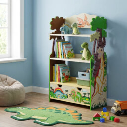 Teamson Kids Dinosaur Kingdom 3-Tier Kids Bookcase with Storage Drawer, Wooden Children's Bookshelf for Bedroom & Playroom