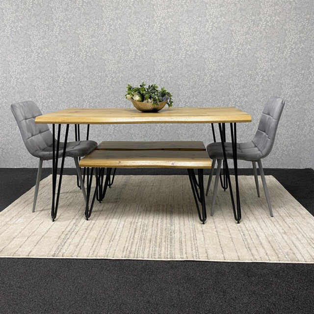 Wooden Dining Table with 2 Benches and 2 Velvet Chairs