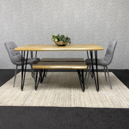 Wooden Dining Table with 2 Benches and 2 Velvet Chairs