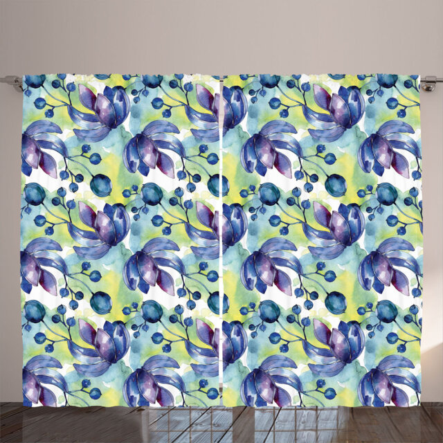 Rustic curtain, print of blooming flowers, flowery, lavender blue light green