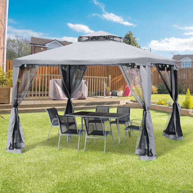 3 X 3m Metal Garden Gazebo, Double Roof Outdoor Pavilion Shelter With Mesh Sidewalls, Pa Coated Polyester Canopy, Powder Coated Steel Frame, Ground St