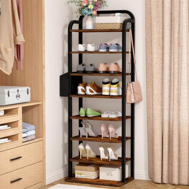 Brown 48.5cmW 8 Tier Vertical Shoe Shelves with 3 Hooks Shoe Storage for Small Spaces