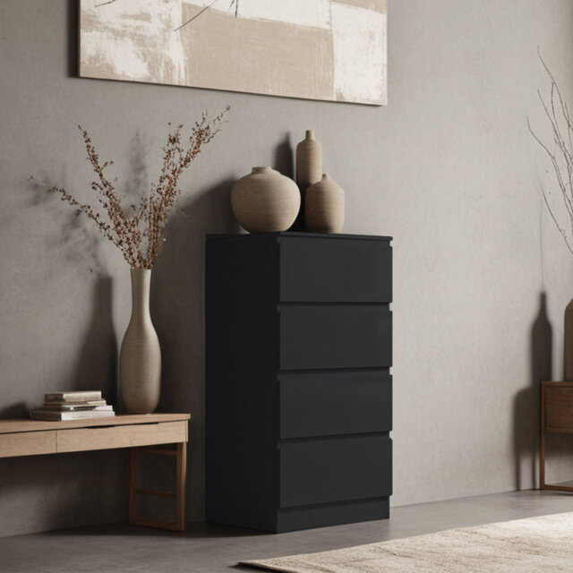 Warren 4 Drawer Tallboy Chest Of Drawers. 40cm Wide. High Gloss Front. Scratch Resistant. Modern No Handle Design.
