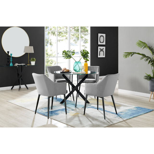 Bernell Modern Chrome Metal & Glass Round Dining Table Set with 4 Luxury Button Velvet Chairs