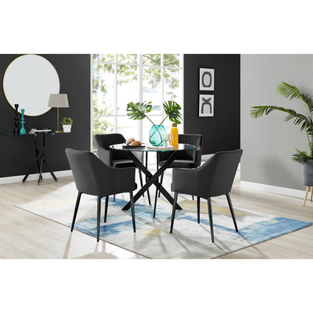 Bernell Modern Chrome Metal & Glass Round Dining Table Set with 4 Luxury Button Velvet Chairs