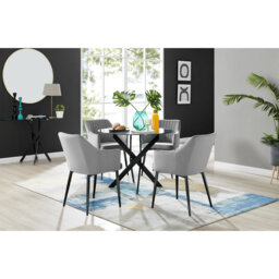 Bernell Modern Chrome Metal & Glass Round Dining Table Set with 4 Luxury Button Velvet Chairs