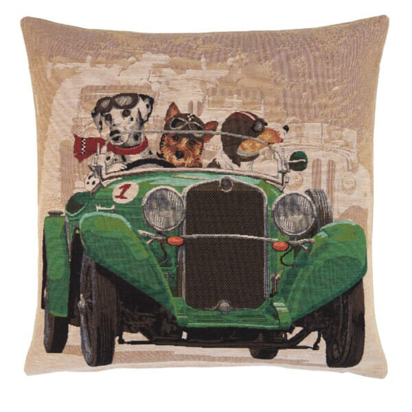 Racing Dogs Green Tapestry Cushion with Feather Filler
