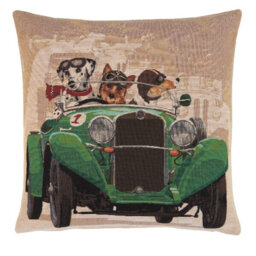 Racing Dogs Green Tapestry Cushion with Feather Filler