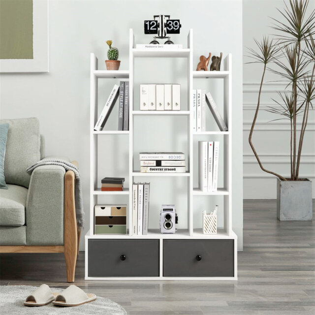 Tree Bookshelf, 7/12-Tier Wooden Bookcase Storage Shelving Unit With Folding Drawer, Freestanding Magazine Book Display Rack For Home Office Living Ro