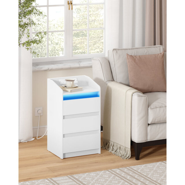 Bedside Tables Set of 2 with 3 Drawers, Bedside Cabinet, Side Table with Charging Station and LED, 2 AC and 2 USB Ports, Nightstand for Bedroom, Livin