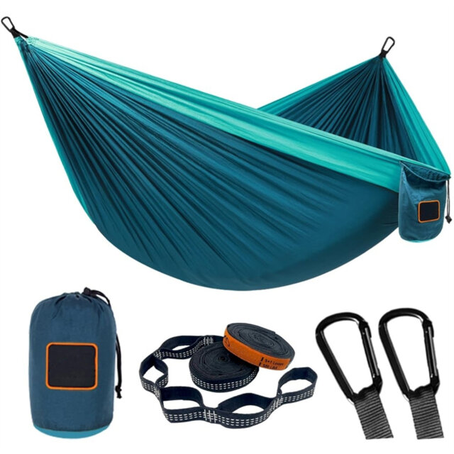 Camping hammock, super light portable parachute hammock with two tree straps single or double nylon travel tree hammocks