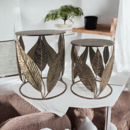 Metal Leaf Gold Side Tables Set - Modernist Frame Design Decorative Accent Tables for Living Room or Bedroom