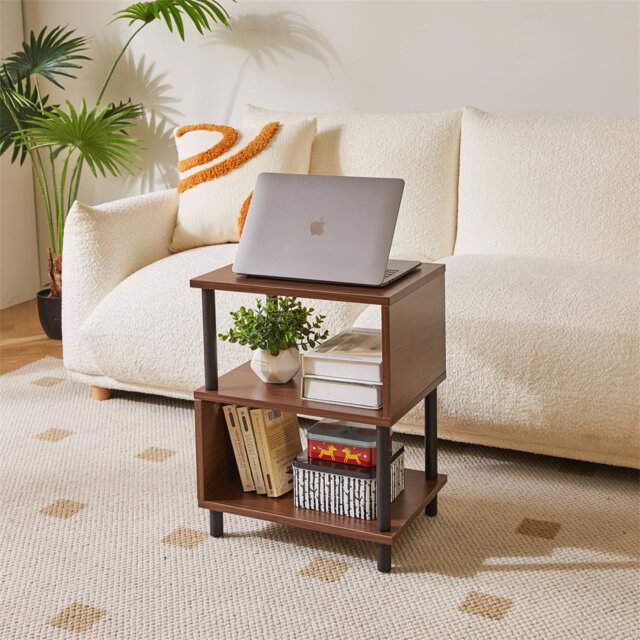 3 Tier S-Shaped Design Side Table, Sofa Side Table, Narrow End Table With Storage Shelf For Living Room, Bedroom/Narrow Space Retro Color+Black Legs
