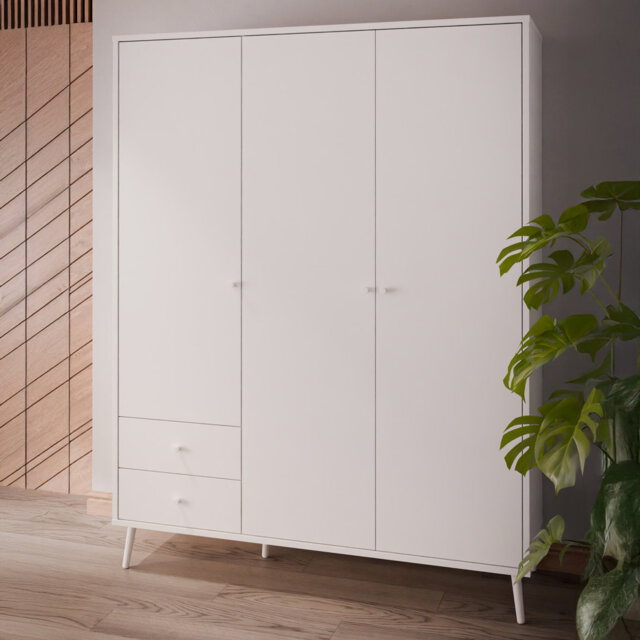Mid-Century-Modern wardrobe, EasyKlix by Forte quick assembly system, 3 doors, 2 drawers, tall feet, engineered wood, white, 154.2 cm W x 201.7 cm H x