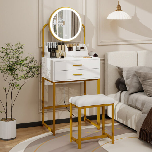 Dressing Table with LED Lighted Mirror, Makeup Vanity Desk with Stool and 2 Drawers, 55CM Desktop