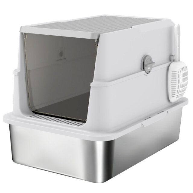 Flip Top 60.2*40.2*43.3 cm Stainless Steel 1 Piece Enclosed Cat Litter Box Light Grey Odour-Control Design