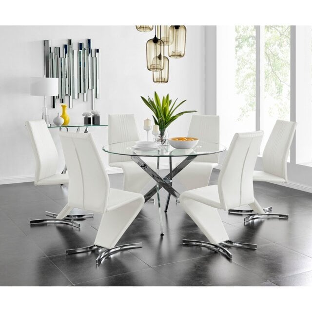 Tierra Modern Chrome Metal & Glass Round Dining Table Set with 6 Modern Design Faux Leather Chairs