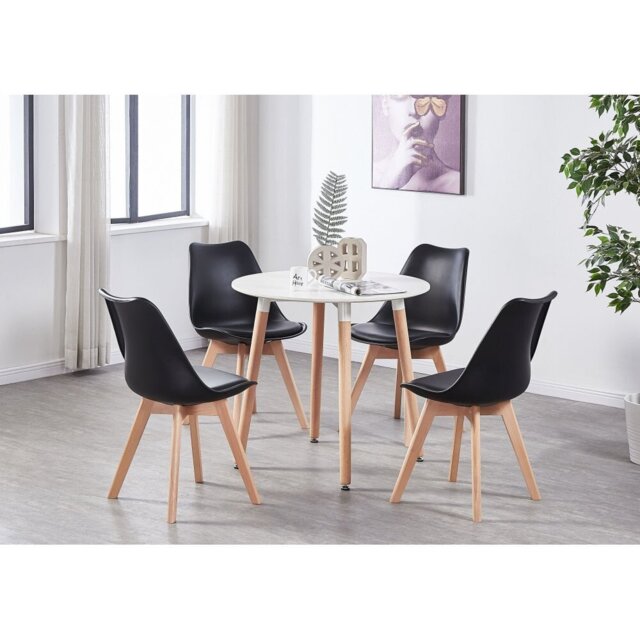 Christy 4 Person Dining set - a Round Plastic Dining Table with Wooden Legs and a Set of 4 Faux Leather Cushion Padded Dining Chairs for Dining Room -