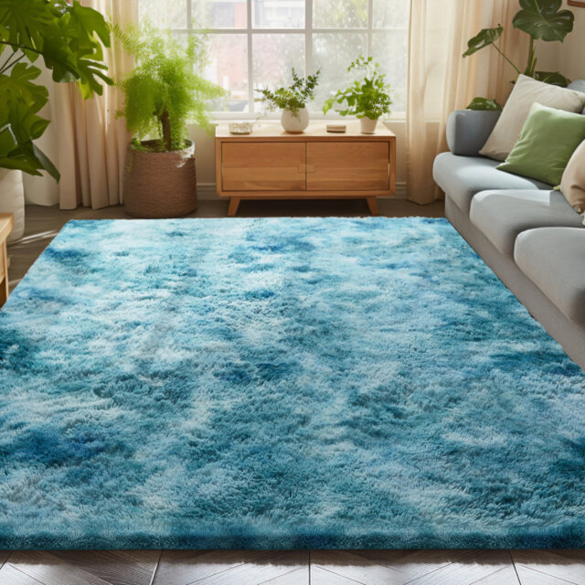 Abidan Solid Colour Machine Woven Teal Area Rug