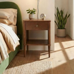Matthorne Square Acacia Wooden Bedside Table With Storage Drawer - Modern Mid-Century Style Inspired