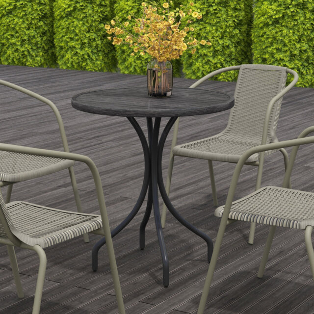 66Cm Round Outdoor Dining Table, Slatted Steel Top, Galvanised Powder-Coated Frame, Easy Assembly For Gardens, Patios, And Balconies