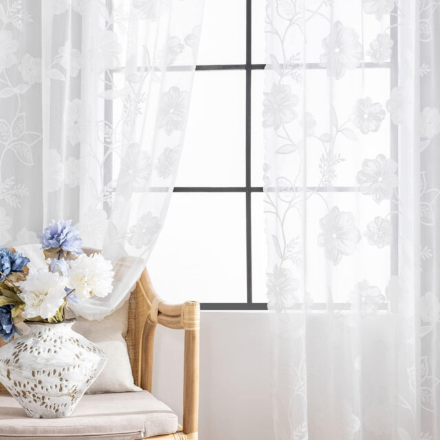 "White Lace Curtains for Bedroom 90 inch Long Country Chic Rose Floral Sheer Curtain Panels 52"" W 1 Pair Pencil Pleat"