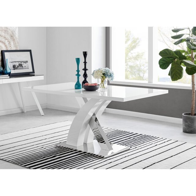 Chowchilla Dining Table Chrome Metal and White High Gloss - Modern Statement Design