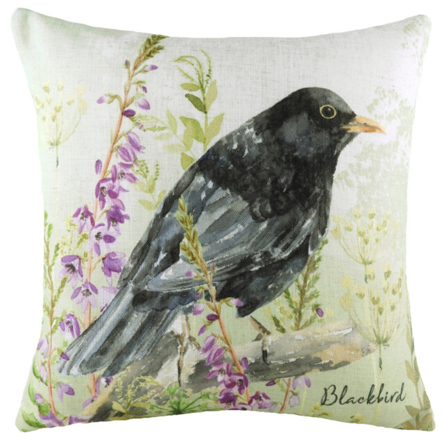 Spring Birds Black Bird Printed Feather Rich Filled Cushion