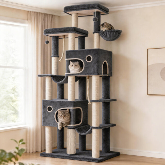Large Cat Tree, 213 cm Tall Cat Tower for Indoor Cats Large Cats Maine Coon, Extra Large Baseboard, 2 Platforms, 2 Spacious Caves, 10 Sisal Scratching