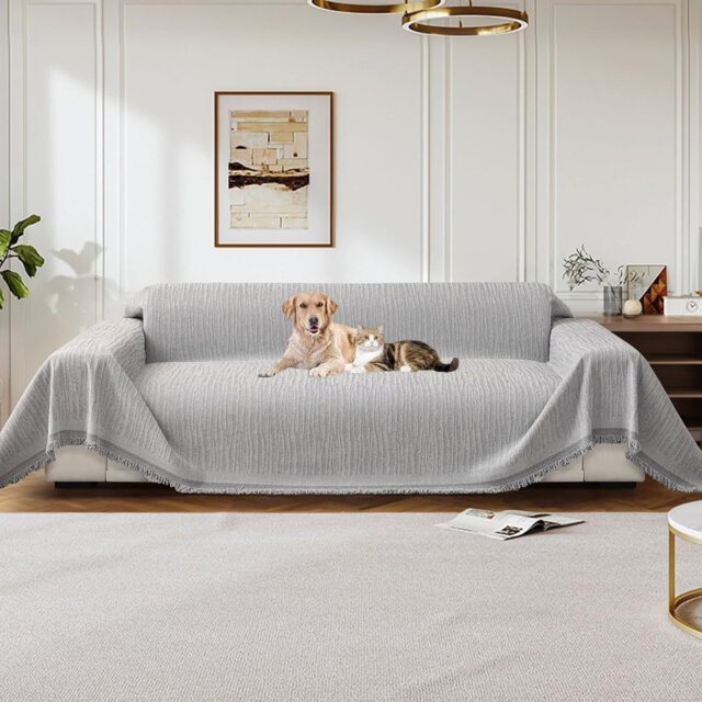 Chenille AB Sided Sofa Cover for 3 Seater, Soft Non-Slip Slipcover with Tassel(Grey, 180×300 cm)
