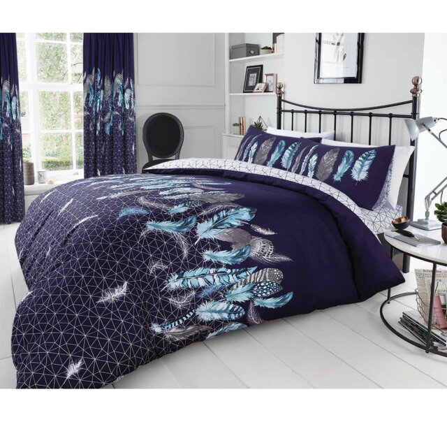 Modern Feather Design Duvet Cover Set with Matching Pillowcases - Polycotton Fabric Bedding
