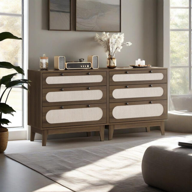 Modern 3-Drawer Rattan Dresser, Wooden Storage Chest, Anti-Tip, Metal Handles, Dark Wood, 2-Piece Set, Bedroom, Hallway, Living Room